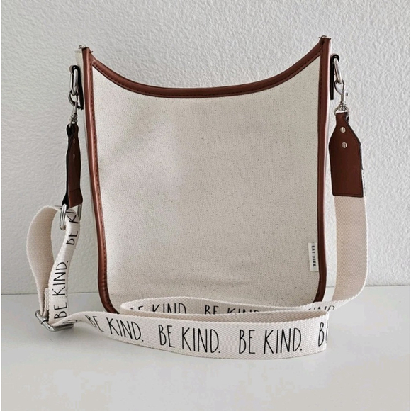 Rae Dunn Handbags - RAE DUNN BE KIND Shoulder Strap Satchel Tan Canvas Brown Leather - Very Clean